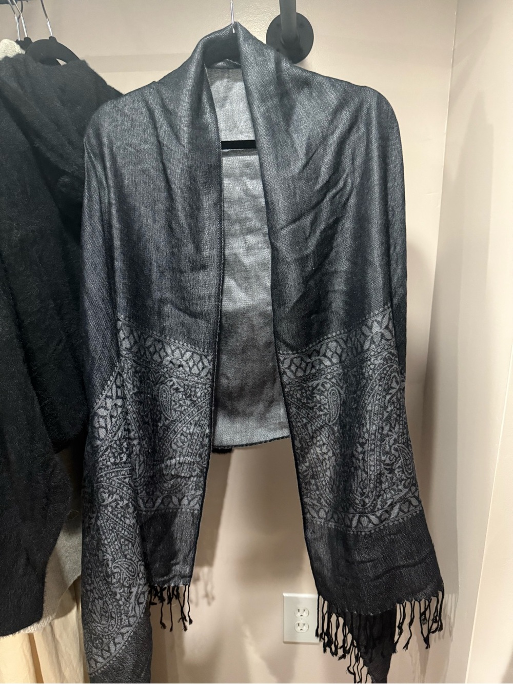 pashmina Black Paisley-Border Shawl Jacket with Fringe